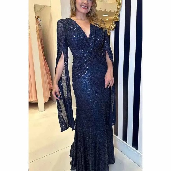 Women Fashion Sexy Elegant Solid Color Sequins V-Neck Long-Sleeve Loose Party Dress Women Fashion Sexy Elegant Solid Color Sequins V-Neck Long-Sleeve Loose Party Dress