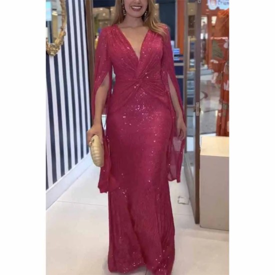 Women Fashion Sexy Elegant Solid Color Sequins V-Neck Long-Sleeve Loose Party Dress Women Fashion Sexy Elegant Solid Color Sequins V-Neck Long-Sleeve Loose Party Dress