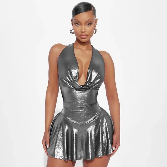 Women Nightclub Fashion Sexy Solid Color Pleated V-Neck Backless Lace-Up Dress Women Nightclub Fashion Sexy Solid Color Pleated V-Neck Backless Lace-Up Dress