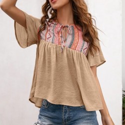 Women Vintage Boho Geometry Pattern Short Sleeve Loose Blouse Women Vintage Boho Geometry Pattern Short Sleeve Loose Blouse