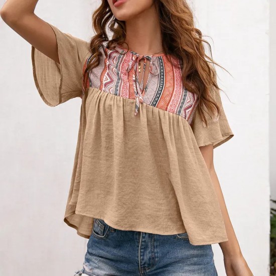Women Vintage Boho Geometry Pattern Short Sleeve Loose Blouse Women Vintage Boho Geometry Pattern Short Sleeve Loose Blouse