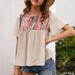 Women Vintage Boho Geometry Pattern Short Sleeve Loose Blouse Women Vintage Boho Geometry Pattern Short Sleeve Loose Blouse