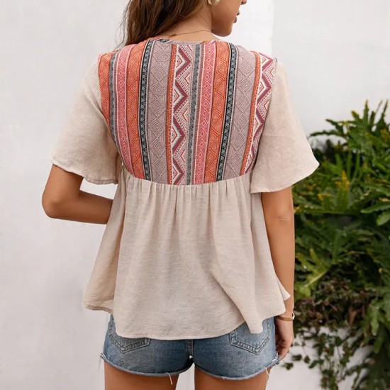 Women Vintage Boho Geometry Pattern Short Sleeve Loose Blouse Women Vintage Boho Geometry Pattern Short Sleeve Loose Blouse