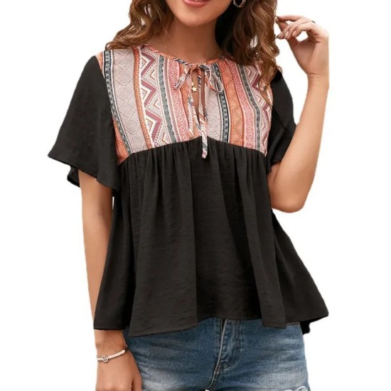 Women Vintage Boho Geometry Pattern Short Sleeve Loose Blouse Women Vintage Boho Geometry Pattern Short Sleeve Loose Blouse