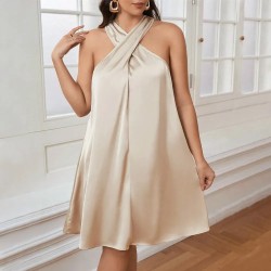 Women Fashion Plus Size Solid Color Cross Halter Neck Acetic Satin Dress Women Fashion Plus Size Solid Color Cross Halter Neck Acetic Satin Dress