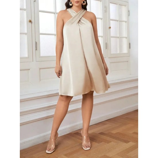 Women Fashion Plus Size Solid Color Cross Halter Neck Acetic Satin Dress Women Fashion Plus Size Solid Color Cross Halter Neck Acetic Satin Dress
