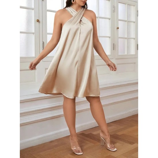 Women Fashion Plus Size Solid Color Cross Halter Neck Acetic Satin Dress Women Fashion Plus Size Solid Color Cross Halter Neck Acetic Satin Dress