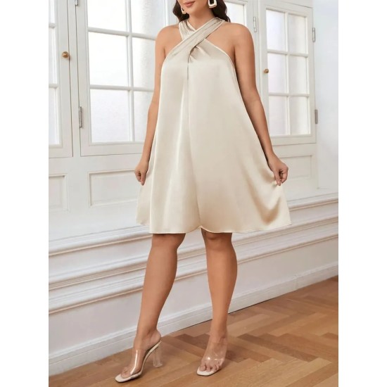 Women Fashion Plus Size Solid Color Cross Halter Neck Acetic Satin Dress Women Fashion Plus Size Solid Color Cross Halter Neck Acetic Satin Dress