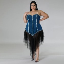 Women Fashion Plus Size Denim Stitching Mesh Sling Dress Women Fashion Plus Size Denim Stitching Mesh Sling Dress