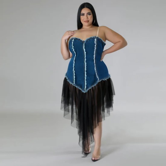 Women Fashion Plus Size Denim Stitching Mesh Sling Dress Women Fashion Plus Size Denim Stitching Mesh Sling Dress