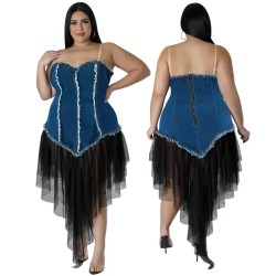 Women Fashion Plus Size Denim Stitching Mesh Sling Dress Women Fashion Plus Size Denim Stitching Mesh Sling Dress
