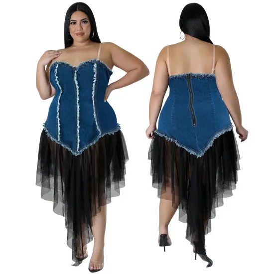 Women Fashion Plus Size Denim Stitching Mesh Sling Dress Women Fashion Plus Size Denim Stitching Mesh Sling Dress