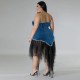 Women Fashion Plus Size Denim Stitching Mesh Sling Dress Women Fashion Plus Size Denim Stitching Mesh Sling Dress
