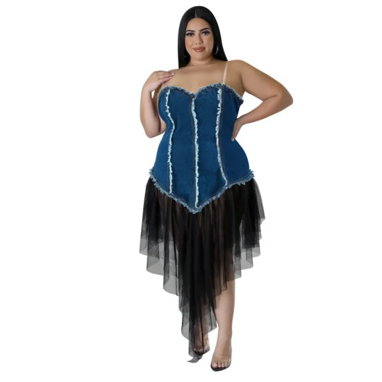 Women Fashion Plus Size Denim Stitching Mesh Sling Dress Women Fashion Plus Size Denim Stitching Mesh Sling Dress