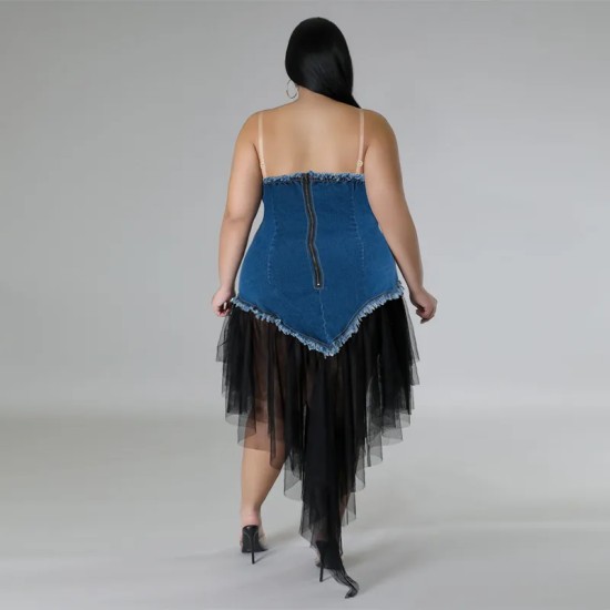 Women Fashion Plus Size Denim Stitching Mesh Sling Dress Women Fashion Plus Size Denim Stitching Mesh Sling Dress