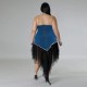Women Fashion Plus Size Denim Stitching Mesh Sling Dress Women Fashion Plus Size Denim Stitching Mesh Sling Dress