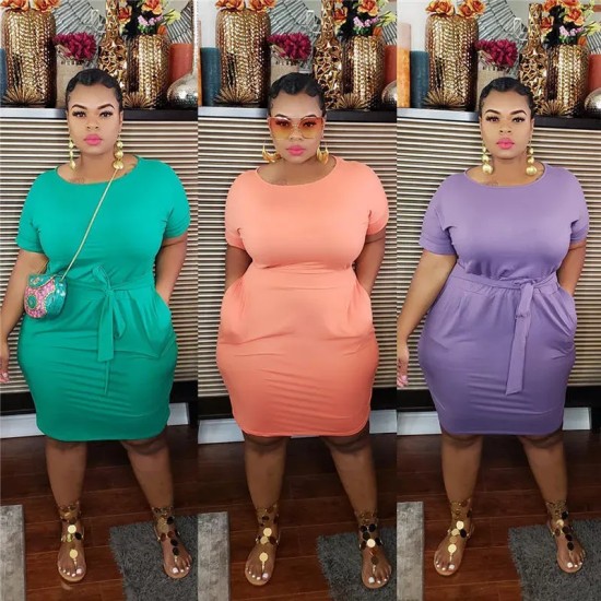 XL-5XL Women Plus Size Solid Color Sash Dresses XL-5XL Women Plus Size Solid Color Sash Dresses