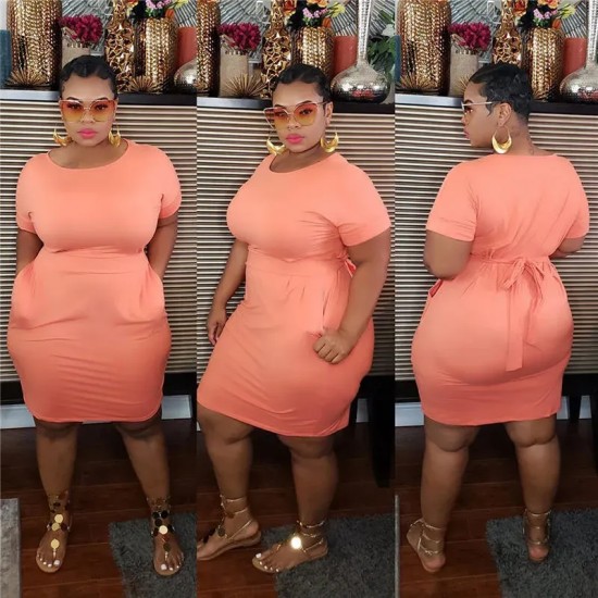 XL-5XL Women Plus Size Solid Color Sash Dresses XL-5XL Women Plus Size Solid Color Sash Dresses