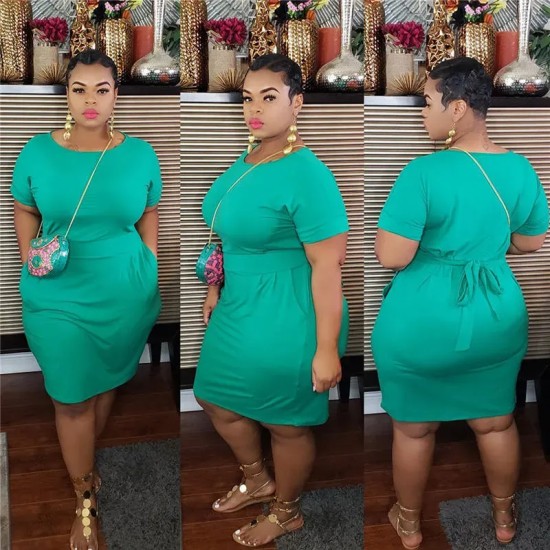 XL-5XL Women Plus Size Solid Color Sash Dresses XL-5XL Women Plus Size Solid Color Sash Dresses