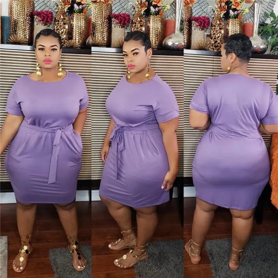 XL-5XL Women Plus Size Solid Color Sash Dresses XL-5XL Women Plus Size Solid Color Sash Dresses