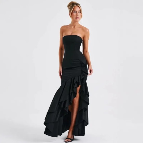 Women Fashion Sexy Irregular Tube Top Split Ruffled Dress Women Fashion Sexy Irregular Tube Top Split Ruffled Dress