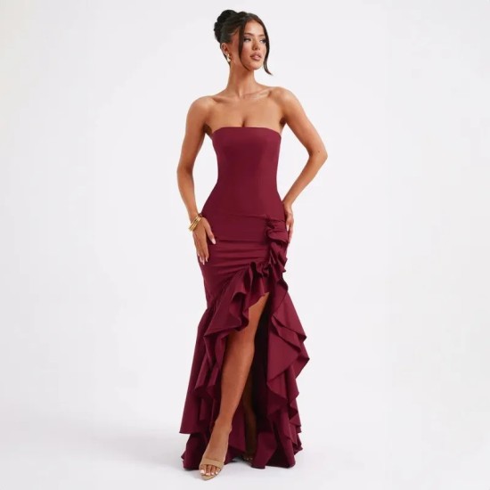 Women Fashion Sexy Irregular Tube Top Split Ruffled Dress Women Fashion Sexy Irregular Tube Top Split Ruffled Dress