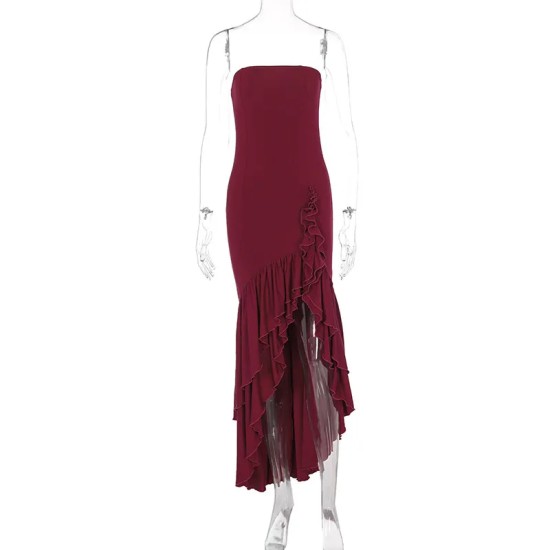 Women Fashion Sexy Irregular Tube Top Split Ruffled Dress Women Fashion Sexy Irregular Tube Top Split Ruffled Dress