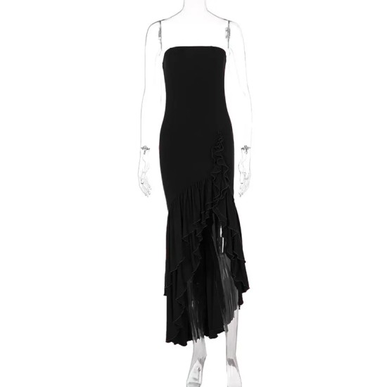 Women Fashion Sexy Irregular Tube Top Split Ruffled Dress Women Fashion Sexy Irregular Tube Top Split Ruffled Dress