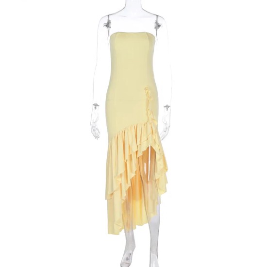 Women Fashion Sexy Irregular Tube Top Split Ruffled Dress Women Fashion Sexy Irregular Tube Top Split Ruffled Dress