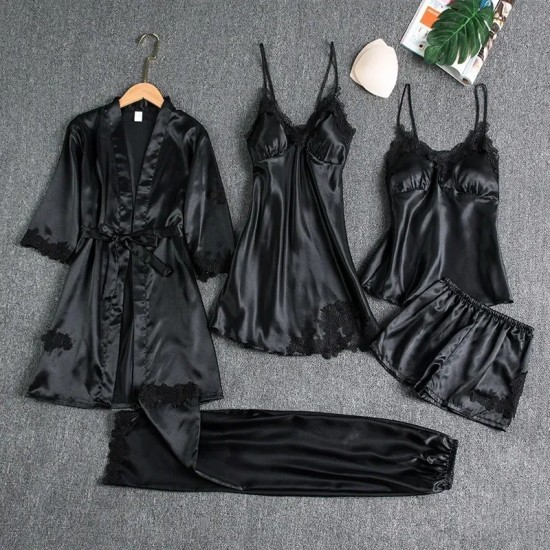 Women Summer Ice Silk Sexy Solid Color Lace Long Sleeve Nightgown Five-Piece Set Women Summer Ice Silk Sexy Solid Color Lace Long Sleeve Nightgown Five-Piece Set