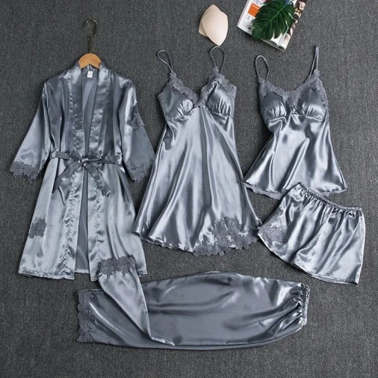 Women Summer Ice Silk Sexy Solid Color Lace Long Sleeve Nightgown Five-Piece Set Women Summer Ice Silk Sexy Solid Color Lace Long Sleeve Nightgown Five-Piece Set