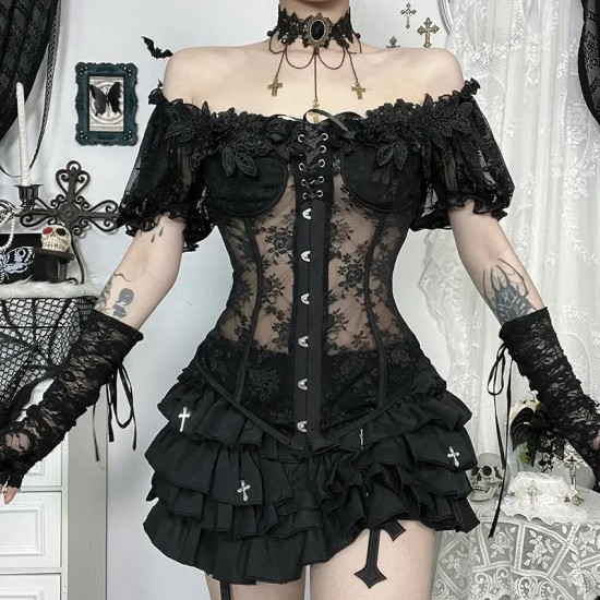 Women Dark Gothic Lace Tunic Top Women Dark Gothic Lace Tunic Top