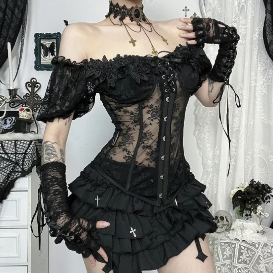 Women Dark Gothic Lace Tunic Top Women Dark Gothic Lace Tunic Top