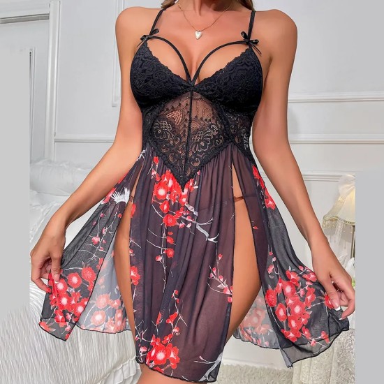 Women Fashion Sexy Lace Mesh Printed Perspective Sex Pajamas Women Fashion Sexy Lace Mesh Printed Perspective Sex Pajamas