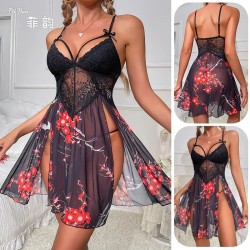Women Fashion Sexy Lace Mesh Printed Perspective Sex Pajamas Women Fashion Sexy Lace Mesh Printed Perspective Sex Pajamas