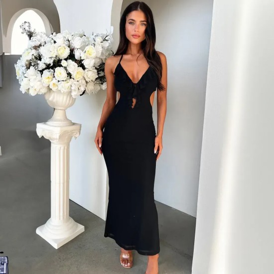 Women Fashion Sexy Solid Color Ruffled Halter-Neck Lace-Up Dress Women Fashion Sexy Solid Color Ruffled Halter-Neck Lace-Up Dress