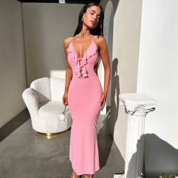 Women Fashion Sexy Solid Color Ruffled Halter-Neck Lace-Up Dress Women Fashion Sexy Solid Color Ruffled Halter-Neck Lace-Up Dress