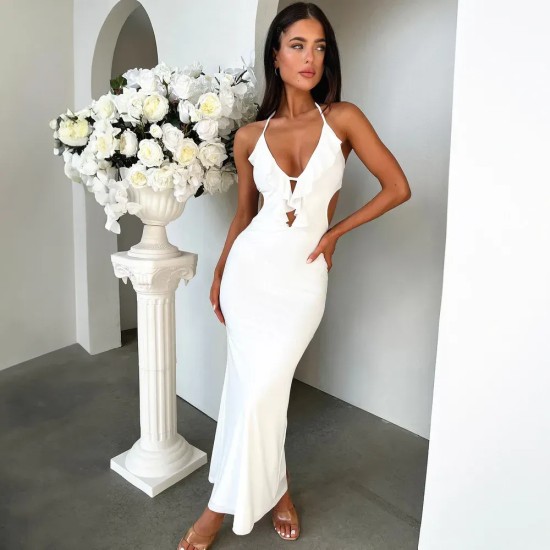 Women Fashion Sexy Solid Color Ruffled Halter-Neck Lace-Up Dress Women Fashion Sexy Solid Color Ruffled Halter-Neck Lace-Up Dress