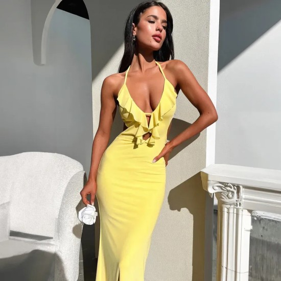 Women Fashion Sexy Solid Color Ruffled Halter-Neck Lace-Up Dress Women Fashion Sexy Solid Color Ruffled Halter-Neck Lace-Up Dress