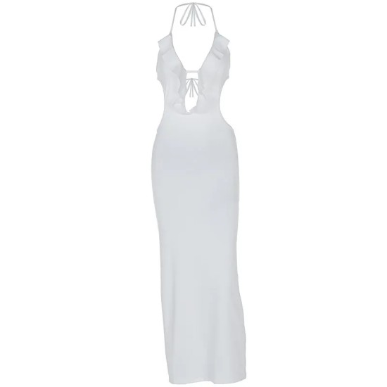 Women Fashion Sexy Solid Color Ruffled Halter-Neck Lace-Up Dress Women Fashion Sexy Solid Color Ruffled Halter-Neck Lace-Up Dress