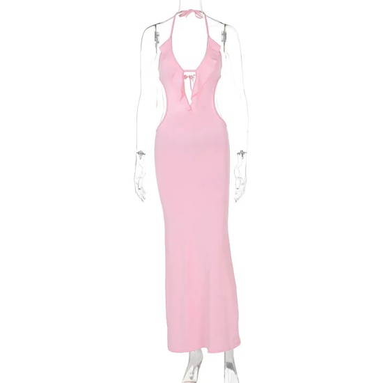 Women Fashion Sexy Solid Color Ruffled Halter-Neck Lace-Up Dress Women Fashion Sexy Solid Color Ruffled Halter-Neck Lace-Up Dress