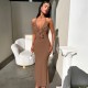 Women Fashion Sexy Solid Color Ruffled Halter-Neck Lace-Up Dress Women Fashion Sexy Solid Color Ruffled Halter-Neck Lace-Up Dress