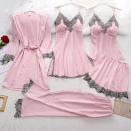 Women Elegant Edgy Color Blocking Casual Satin Sleeveless Camisole And Shorts Pajamas Five Pieces Set Women Elegant Edgy Color Blocking Casual Satin Sleeveless Camisole And Shorts Pajamas Five Pieces Set