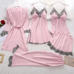 Women Elegant Edgy Color Blocking Casual Satin Sleeveless Camisole And Shorts Pajamas Five Pieces Set Women Elegant Edgy Color Blocking Casual Satin Sleeveless Camisole And Shorts Pajamas Five Pieces Set