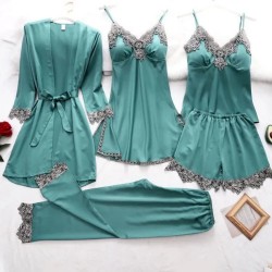 Women Elegant Edgy Color Blocking Casual Satin Sleeveless Camisole And Shorts Pajamas Five Pieces Set Women Elegant Edgy Color Blocking Casual Satin Sleeveless Camisole And Shorts Pajamas Five Pieces Set
