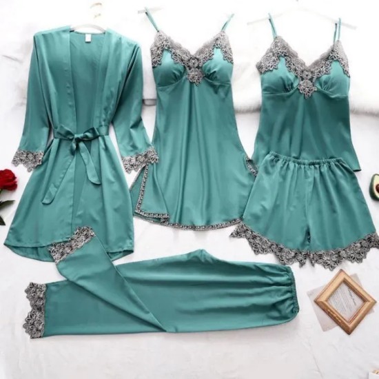 Women Elegant Edgy Color Blocking Casual Satin Sleeveless Camisole And Shorts Pajamas Five Pieces Set Women Elegant Edgy Color Blocking Casual Satin Sleeveless Camisole And Shorts Pajamas Five Pieces Set