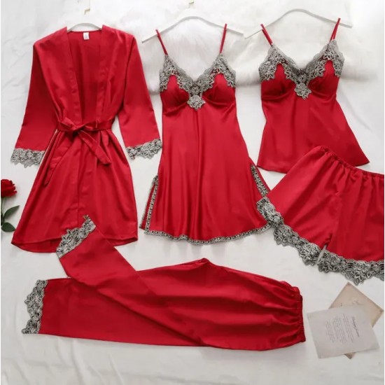 Women Elegant Edgy Color Blocking Casual Satin Sleeveless Camisole And Shorts Pajamas Five Pieces Set Women Elegant Edgy Color Blocking Casual Satin Sleeveless Camisole And Shorts Pajamas Five Pieces Set