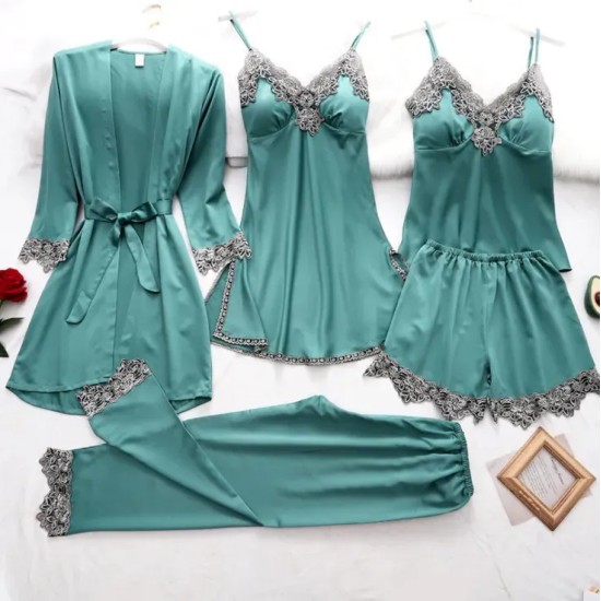 Women Elegant Edgy Color Blocking Casual Satin Sleeveless Camisole And Shorts Pajamas Five Pieces Set Women Elegant Edgy Color Blocking Casual Satin Sleeveless Camisole And Shorts Pajamas Five Pieces Set