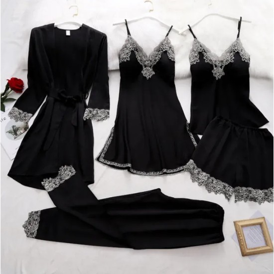 Women Elegant Edgy Color Blocking Casual Satin Sleeveless Camisole And Shorts Pajamas Five Pieces Set Women Elegant Edgy Color Blocking Casual Satin Sleeveless Camisole And Shorts Pajamas Five Pieces Set