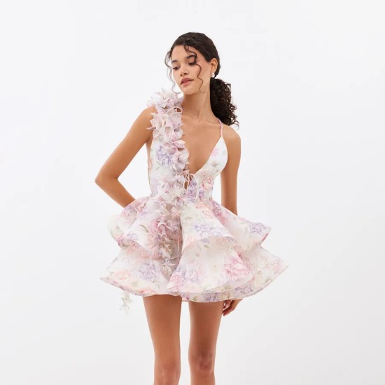 Women Fashion Sexy Floral Print Ruffled V-Neck Sleeveless Backless Lace-Up Slim-Fit Dress Women Fashion Sexy Floral Print Ruffled V-Neck Sleeveless Backless Lace-Up Slim-Fit Dress